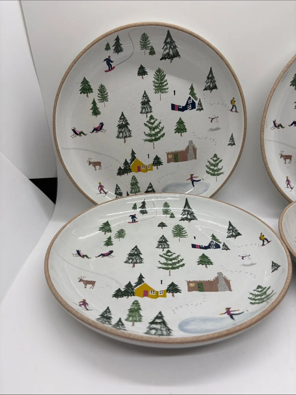 West Elm Holiday Plates Skiers Appetizers Set 4 Stonewear